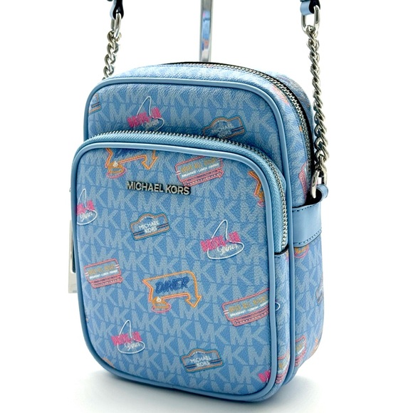 Michael Kors Jet Set Medium Printed Signature Logo Crossbody Bag Light Sky Blue - Picture 1 of 11